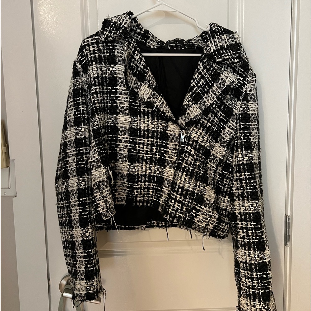 Theory tweed plaid oversized moto jacket